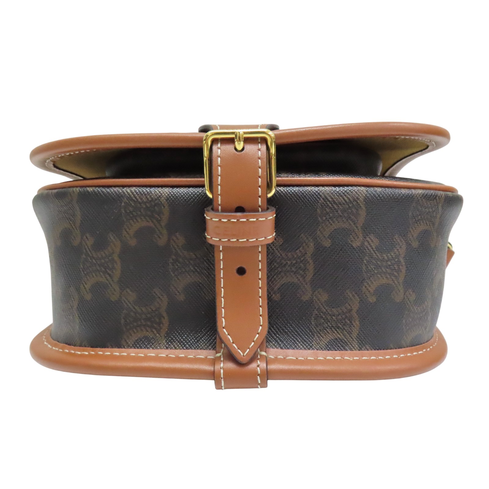 CELINE Folco Shoulder Bag Tan Triomphe Canvas Brown Calfskin 191502BZJ.04LU