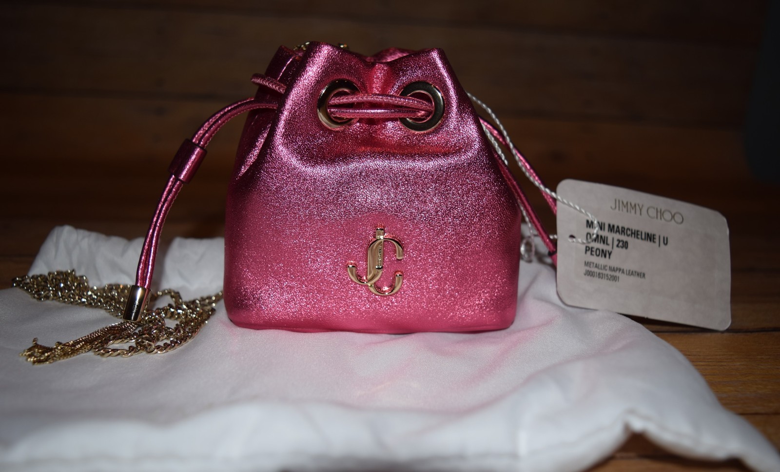 Authentic JIMMY CHOO Mini Marcheline Leather Peony Metallic Bag Cros G1N
