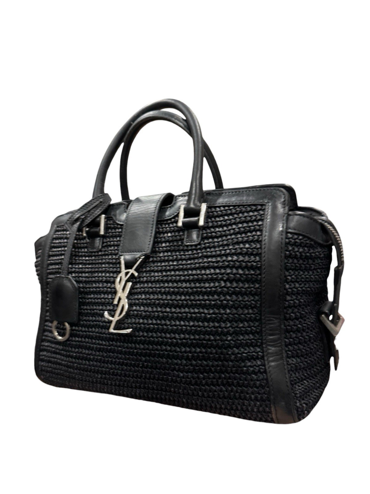 Saint Laurent Black Raffia & Leather YSL Monogram Baby Downtown Cabas Top Handle