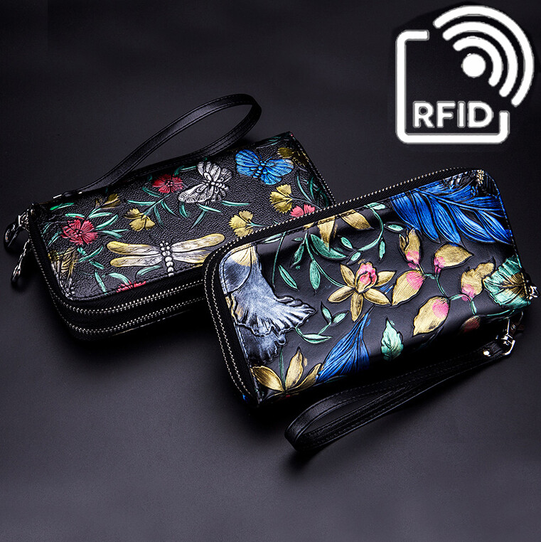 RFID Blk Genuine Leather Travel Large Phone Case Wristlet Fashion Womens Wallet