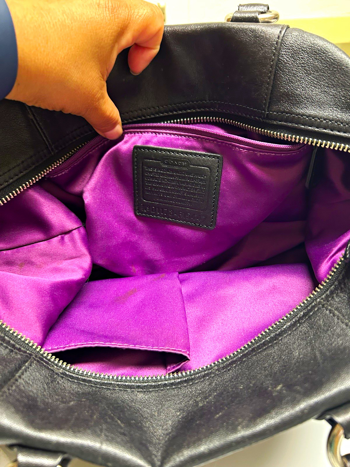 Coach Black Satchel Zip Top Handle, Detachable Strap, Purple Lining Pockets