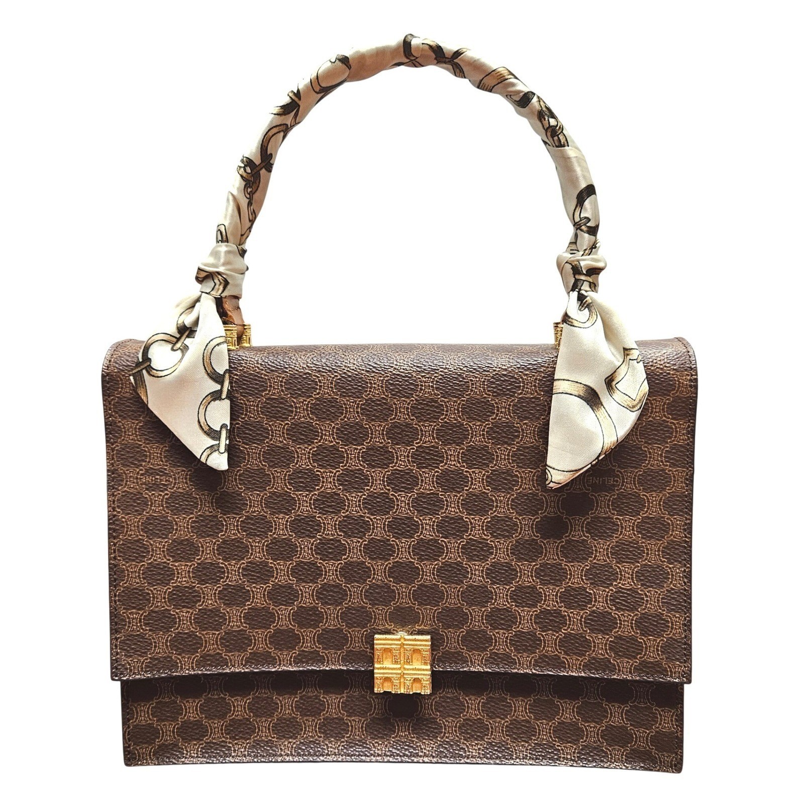 Celine Vintage Macadam Monogram Canvas Top Handle Bag Brown Arc de Triomphe F/01