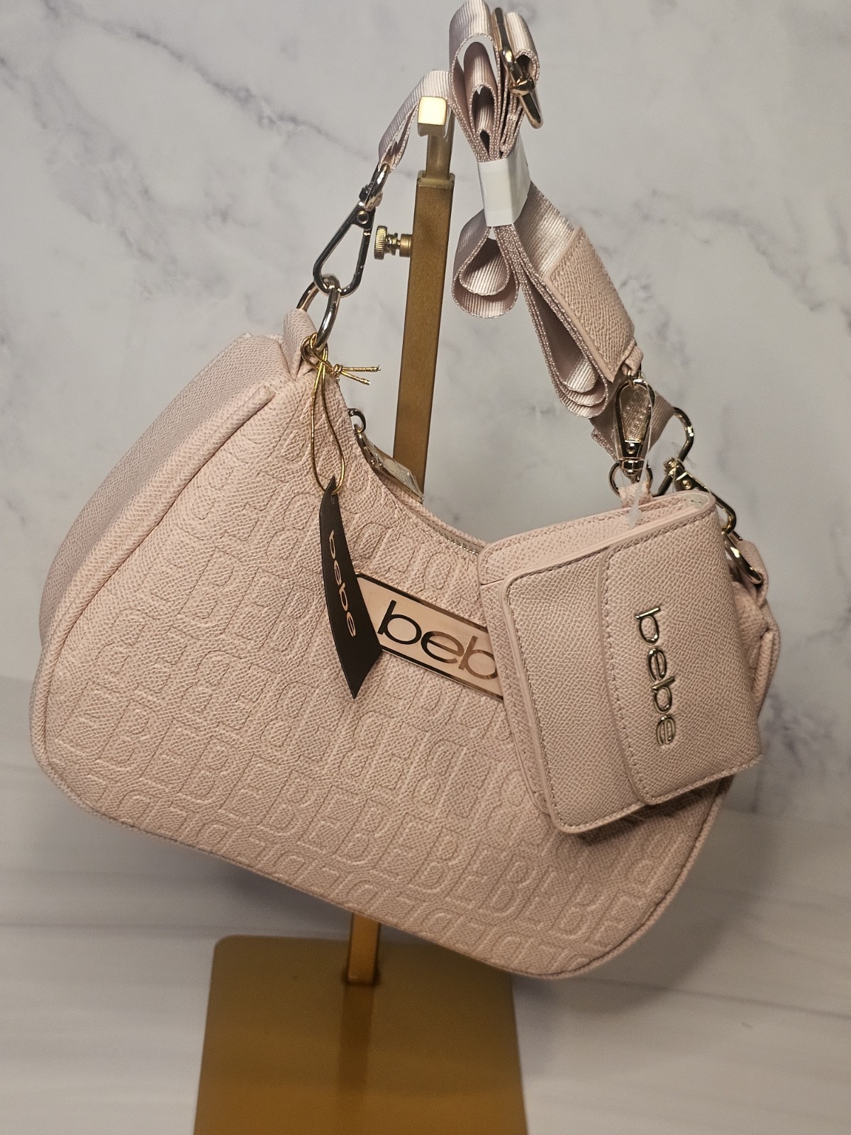 Bebe Powder Pink Embossed Shoulder Bag Purse Wallet Set NWT Crossbody Handbag