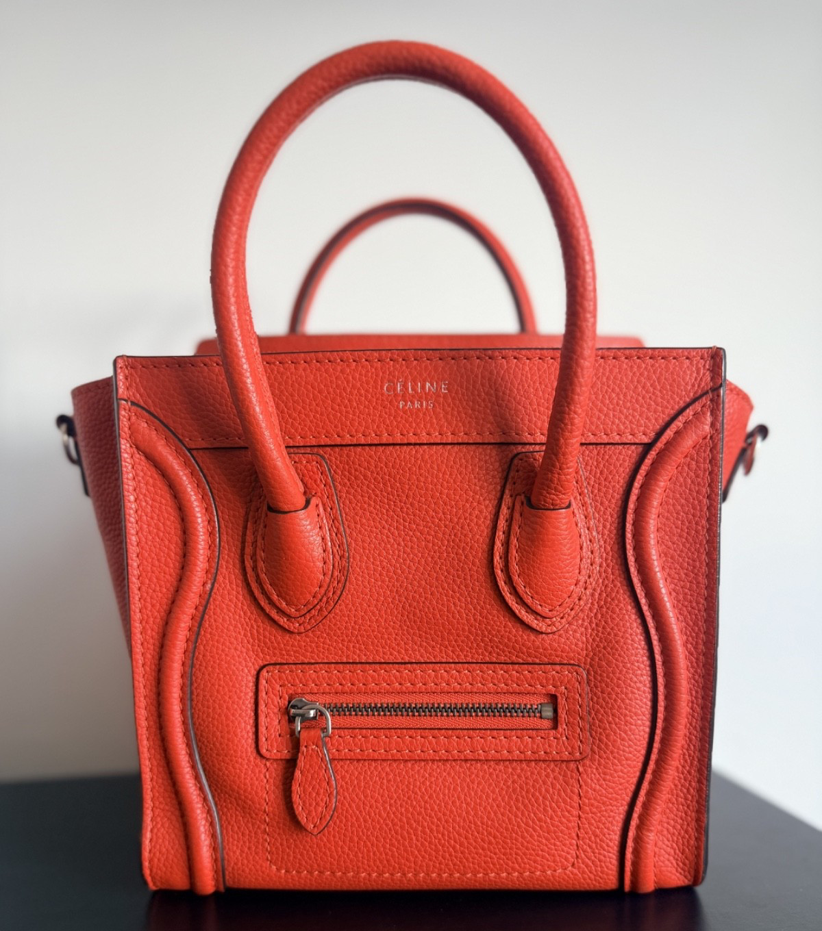 Celine Mini Phantom Luggage Bag Orange Red Leather Crossbody Strap EUC