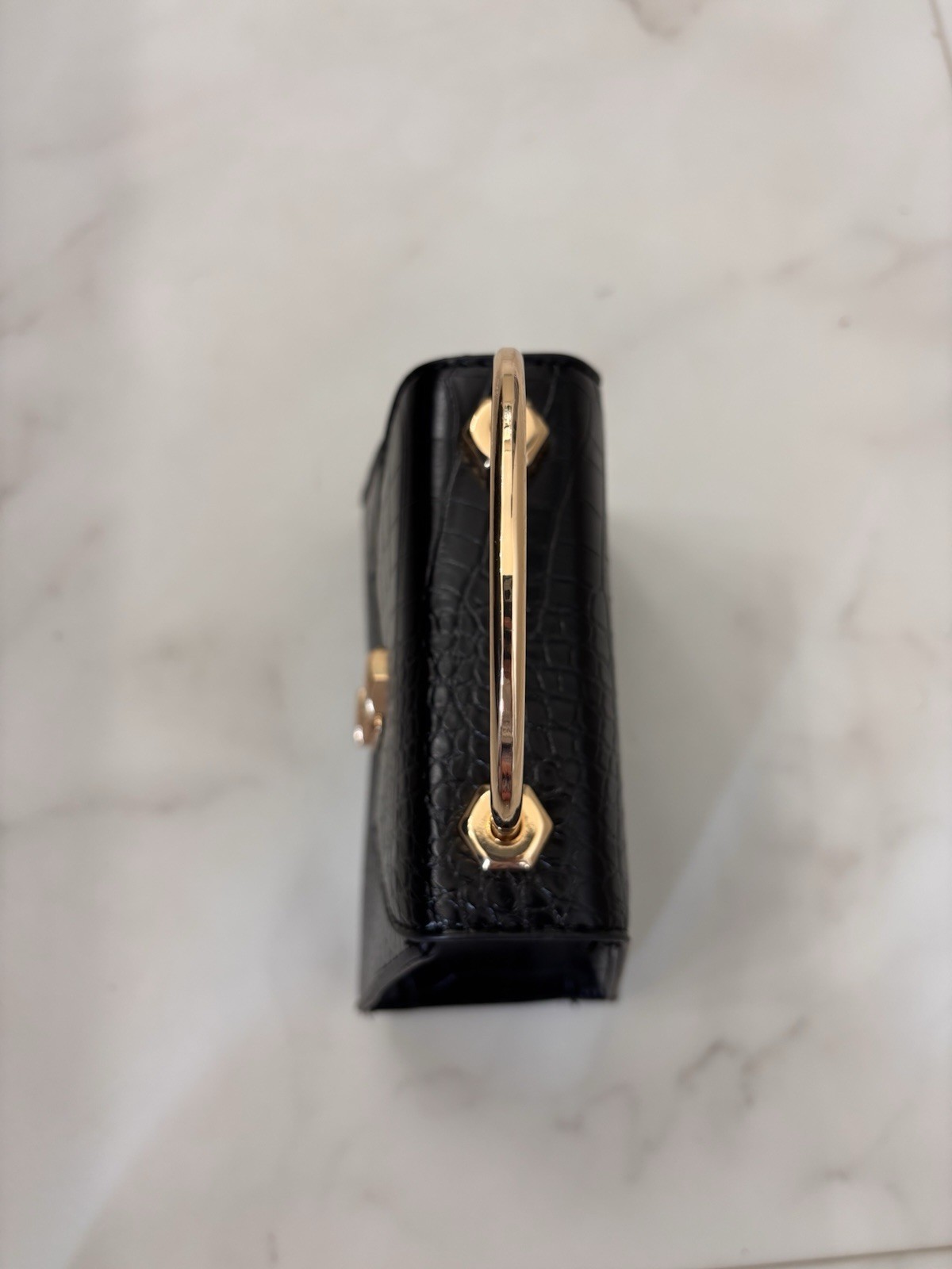 Badgley Mischka Black Crocodile Embossed Top Handle Bag Turn Lock Gold Hardware
