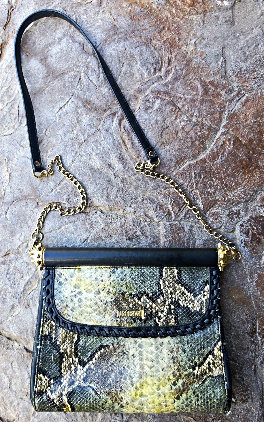 Just Cavalli Women’s Snake Print Shoulder Bag Black Gold Chain Detachable Strap