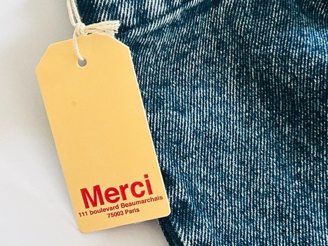Authentic Merci Paris Boutique L Denim Cotton Tote Market Shopping Bag Blue Red