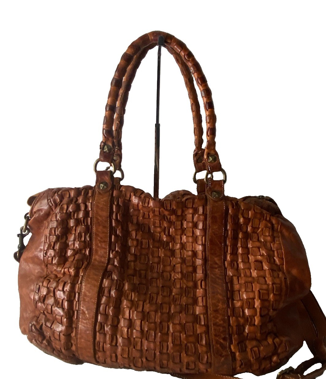 Langellotti Italian Woven Leather Tote Crossbody Bag Brown Large Made In Italy