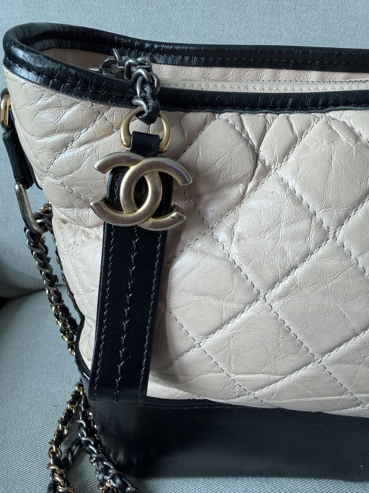 Chanel Gabrielle Hobo Bag Quilted Aged Calfskin Medium White And Black