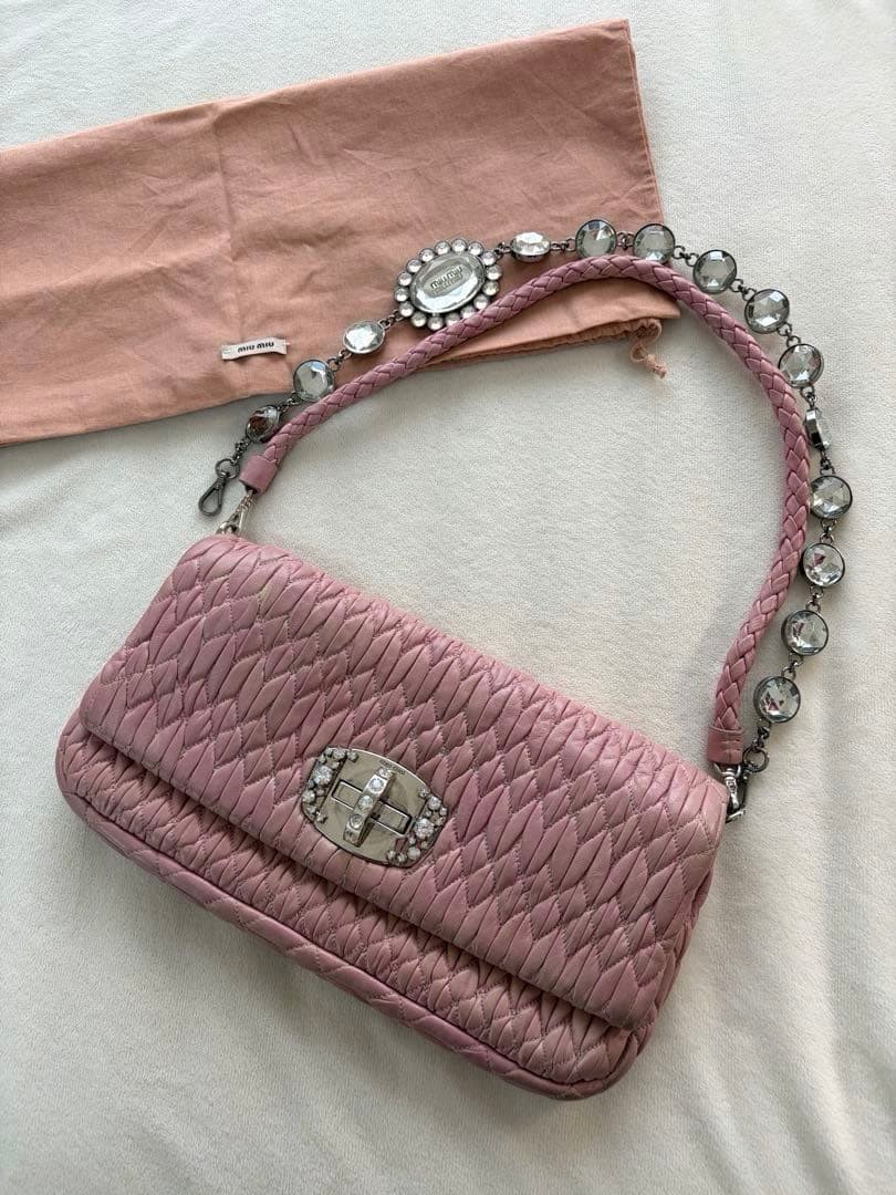 MIU MIU Nappa Crystal Clutch Shoulder Bag Pink Leather Jeweled 11.4×6.3x1in