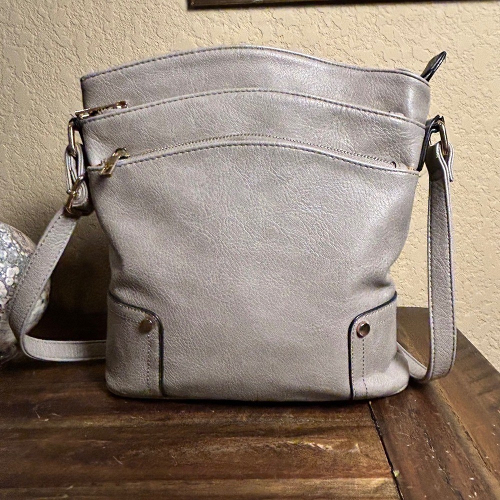 Alyssa Gray Faux Leather Crossbody, Dual Zips, Ornate Lining, 20″ Strap