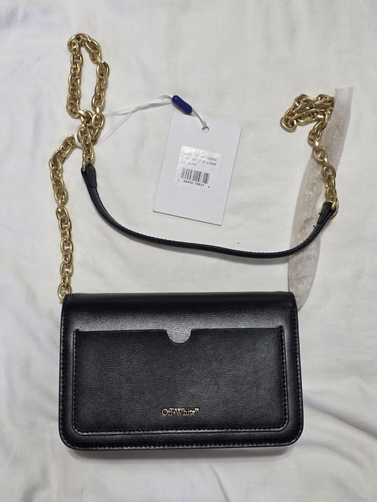 New Off-White Jitney Leather Wallet On A Chain Black Gold OWWCW001S261001
