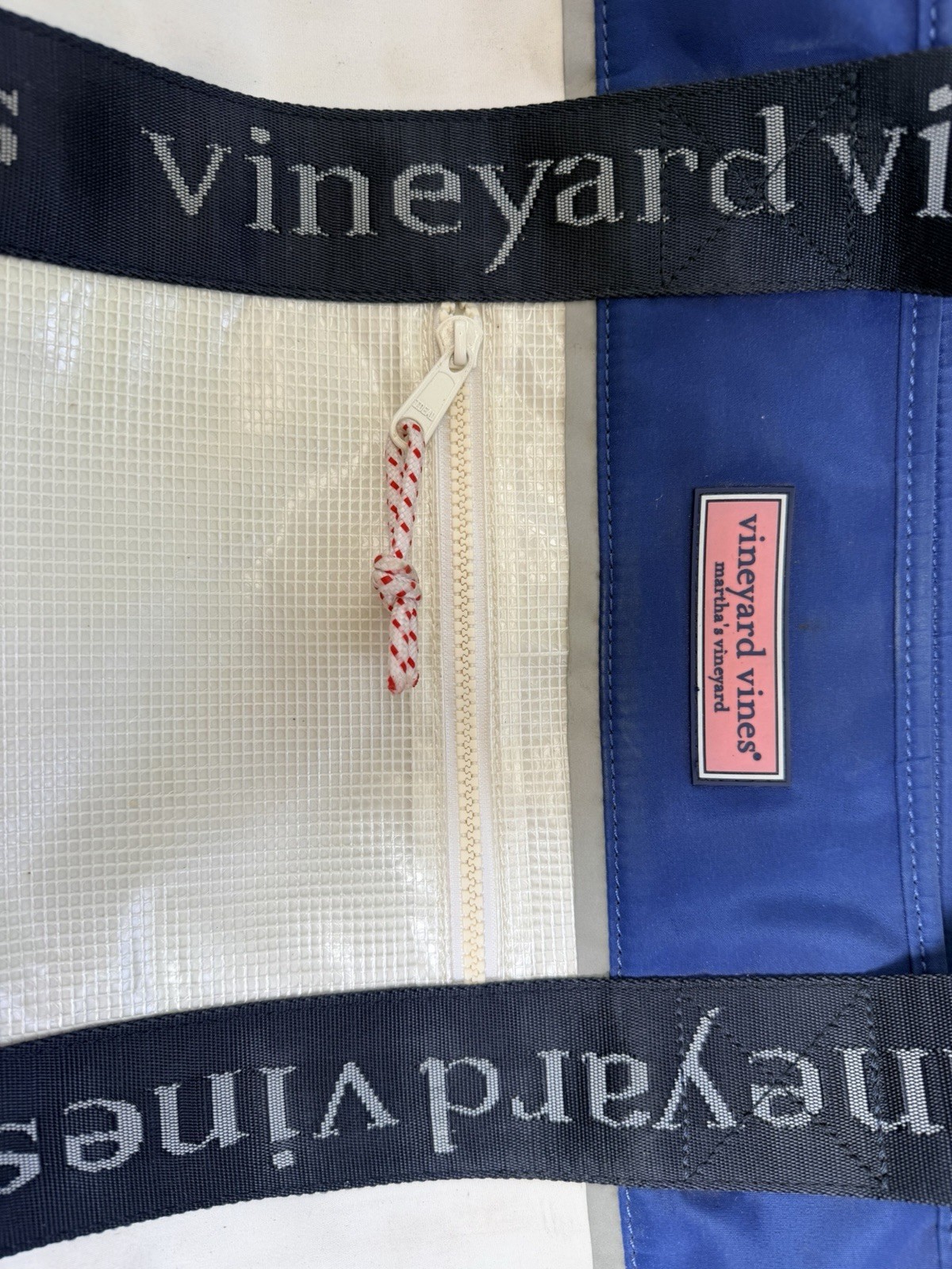 Vineyard Vines Blue White Solid Tote Bag Zip Top Lined Inner Pockets