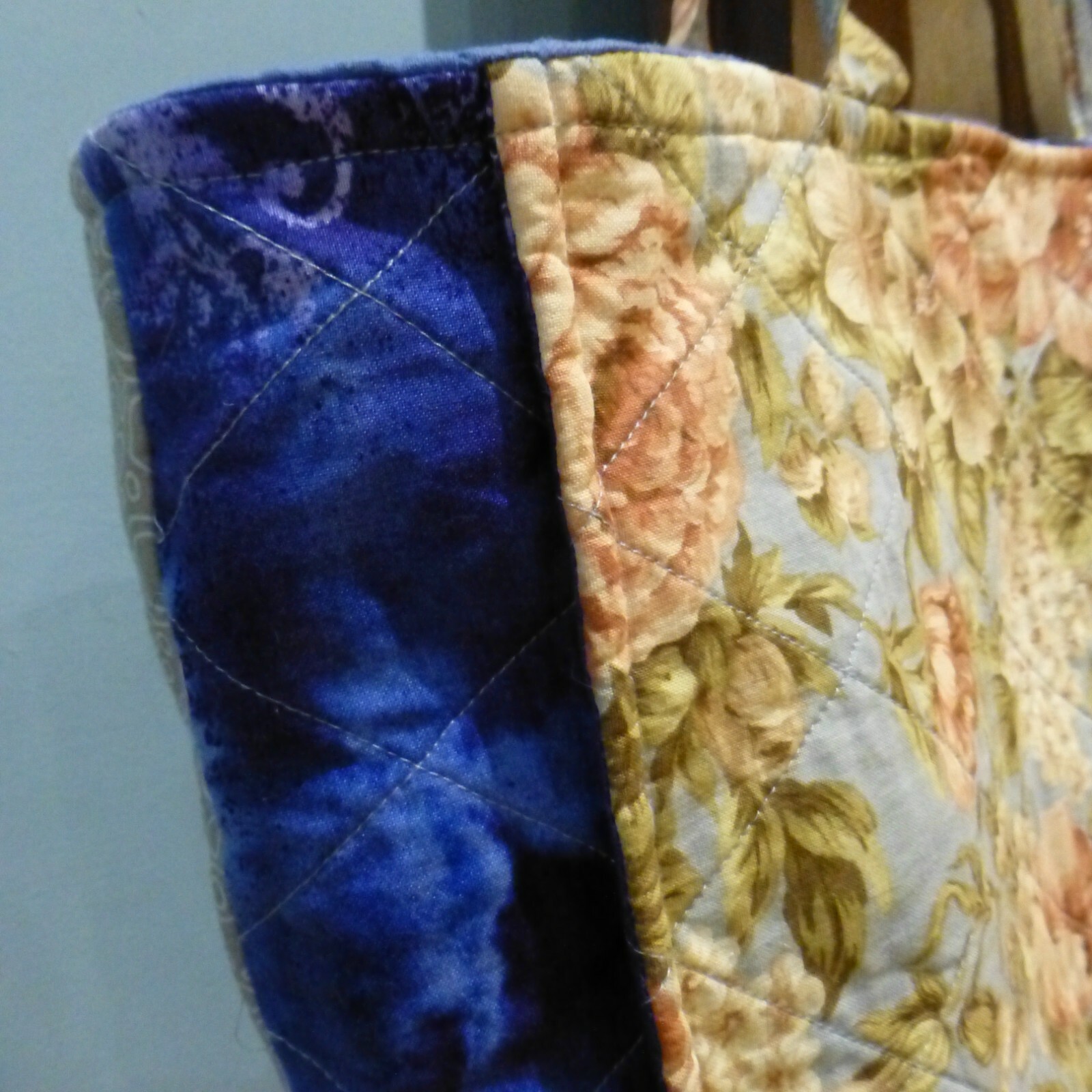 Used handmade sewn textile bad patchwork with dog + pocket on front,for shopping