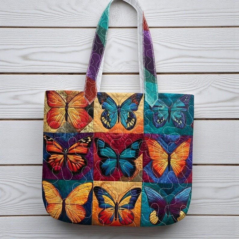 Quilted Butterfly Printed Tote Bag – Colorful Patchwork Design Bag, Colorful But