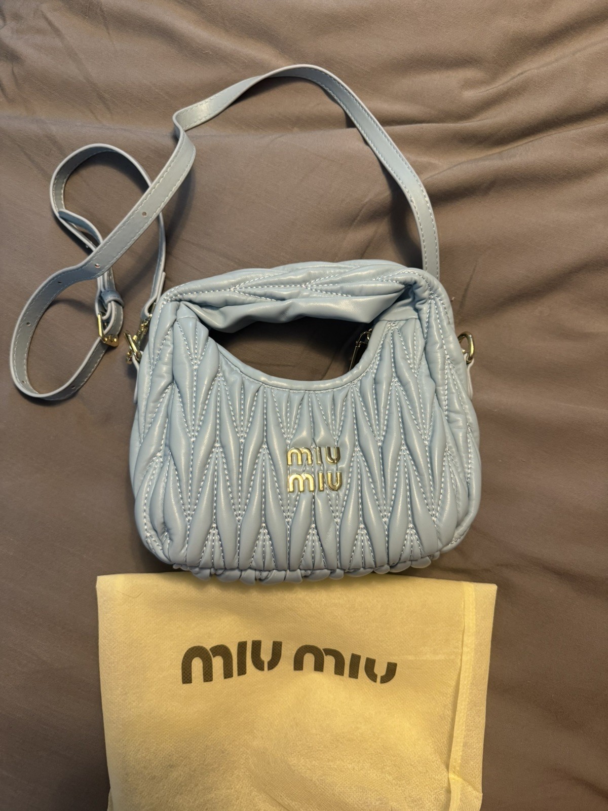 Miu Miu Blue Quilted Shoulder Bag Small Zip Gold Hardware Det Strap