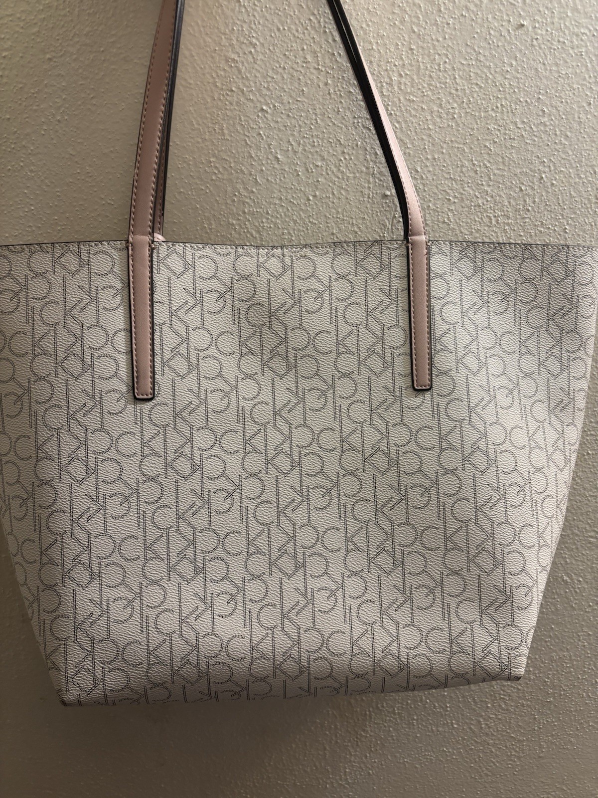 Calvin Klein CK Monogram Large Tote Bag Beige Magnetic Closure Gold Hardware