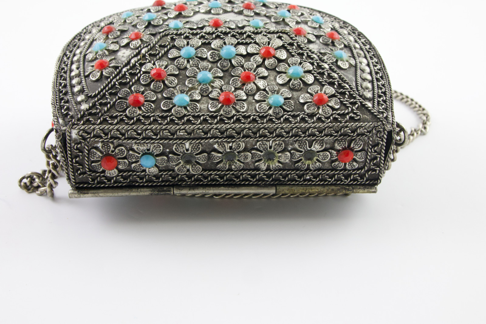 Sajai India Silver Tone Metal Floral Scroll Beaded Crossbody Purse For Repair