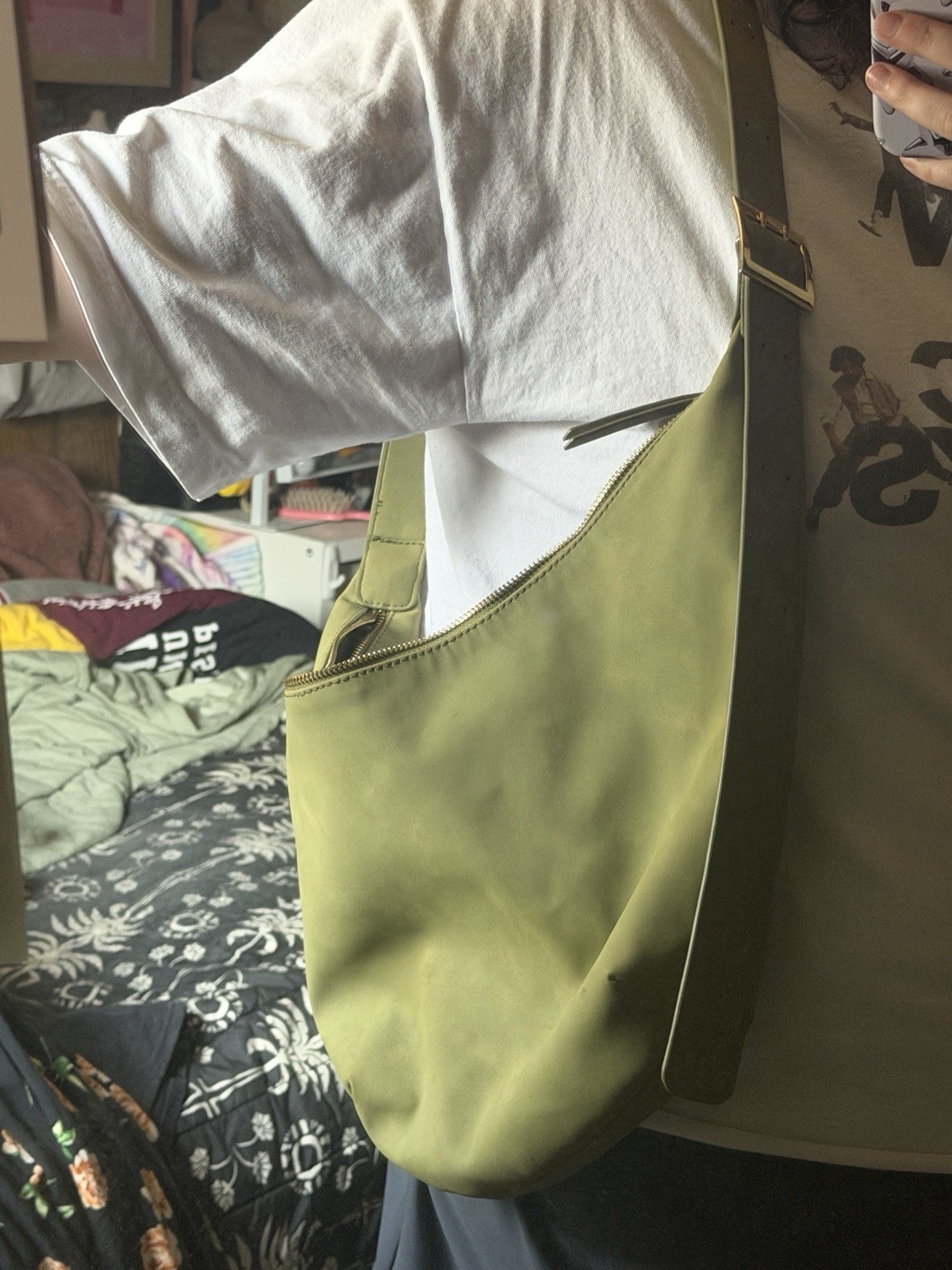 Green Crescent Shoulder Bag Zip Top Adjustable Shoulder Strap Gold-Tone Buckle