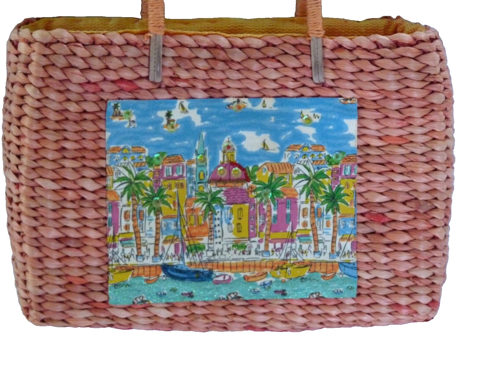 Sun ’n’ Sand Embellished Straw Beach Handbag Purse Orange Bahama Island Scene