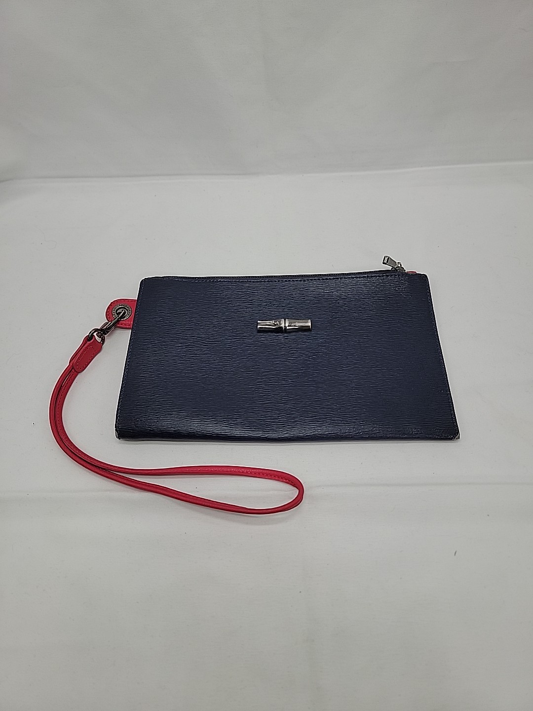Longchamp Roseau Flat Zipped Wristlet Clutch in Blue Leather W/ Pink Strap 8.5×5