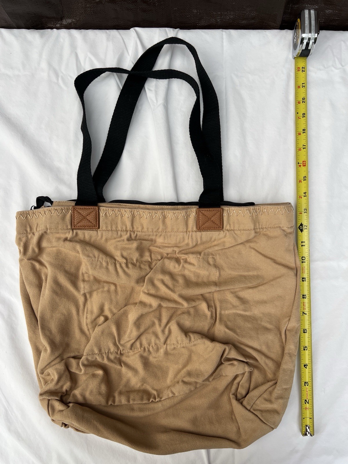 Thirty-One Tan Canvas Tote Bag Zip Top Double Handles Inner Zip Pocket