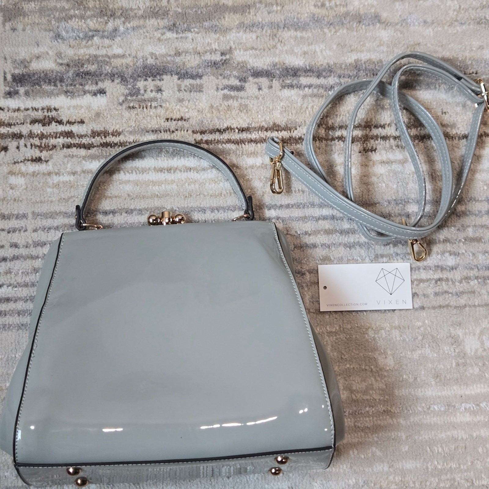 Vixen Collection Top Handle Shoulder Bag Purse Gray Ball Latch Patent Vintage