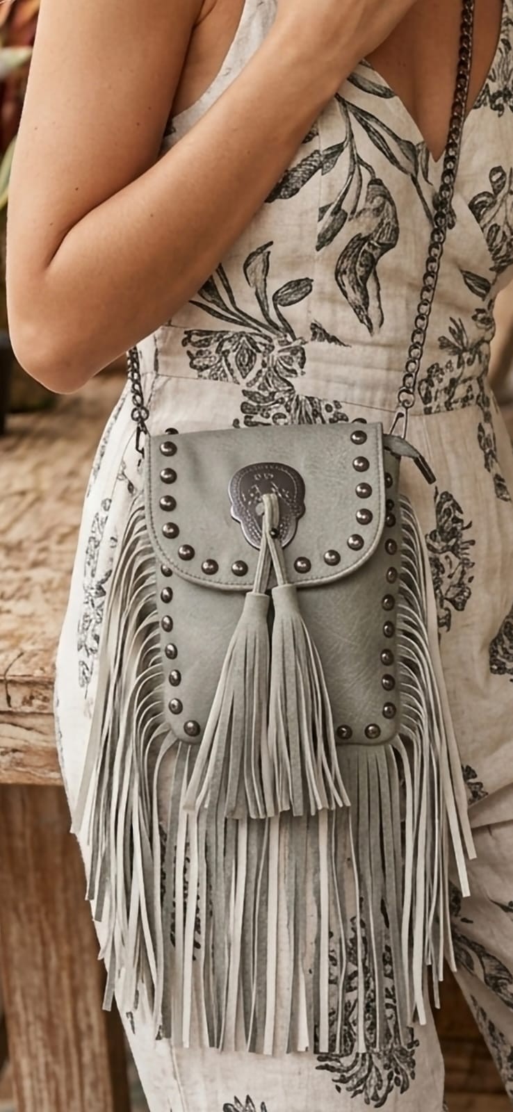 Boho Grey Fringe Crossbody Bag – Studded Festival Phone Purse with Chain