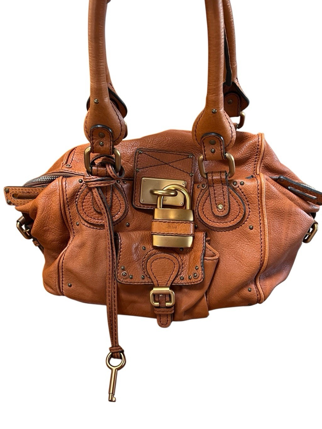 Chloe’ Paddington Cognac Pebble Leather Slouch Shoulder Bag Lock & Key