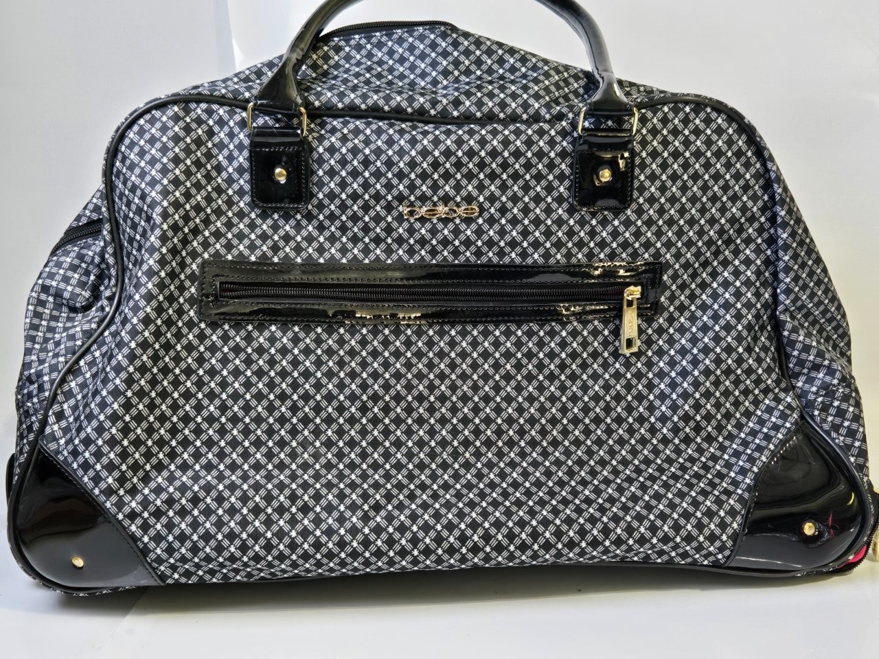 Bebe Duffle Weekender Bag Nylon Patent Black White Geometric Print Gold Logo