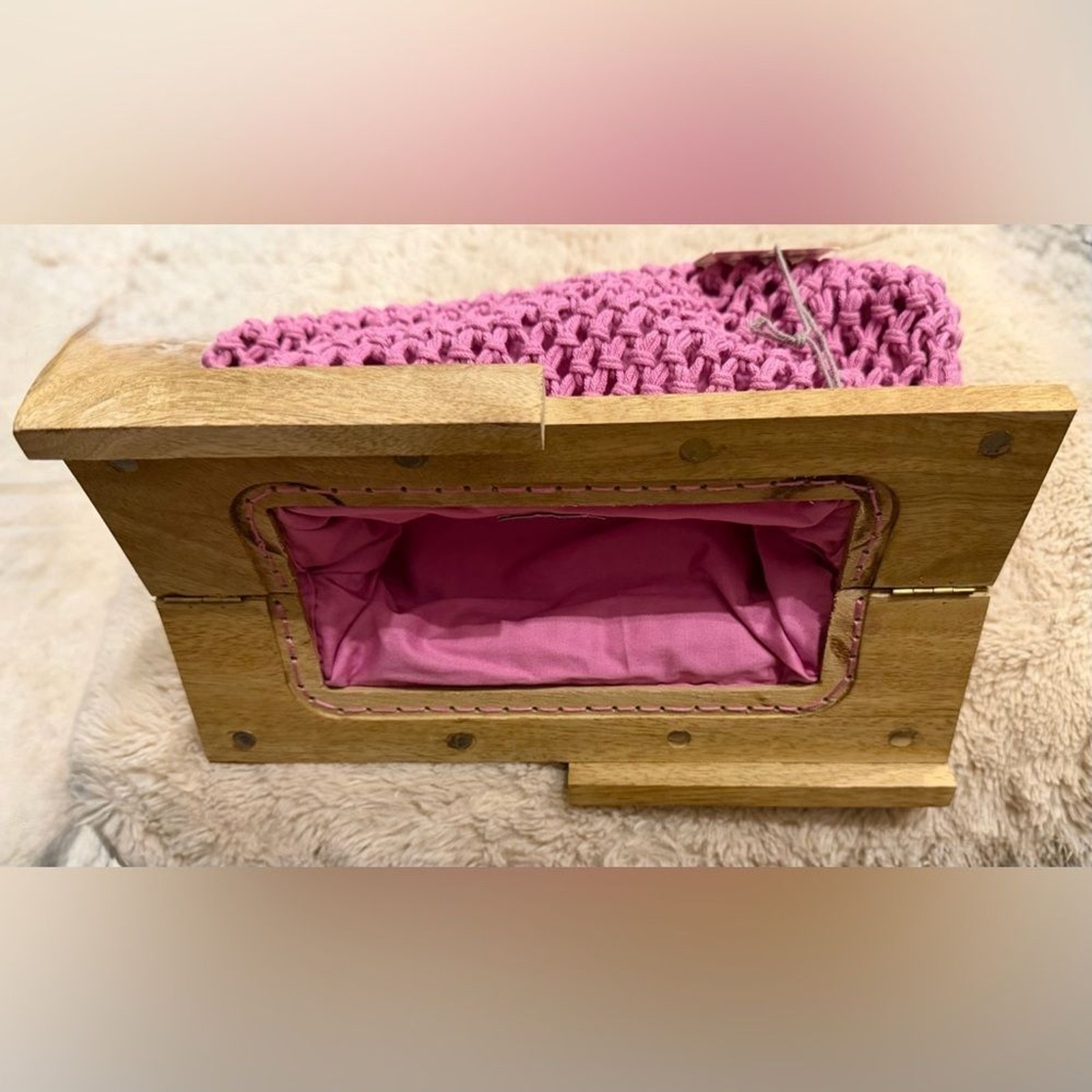 Pink Woven Clutch Bag Statement Summer Purse Wood Handle NWT
