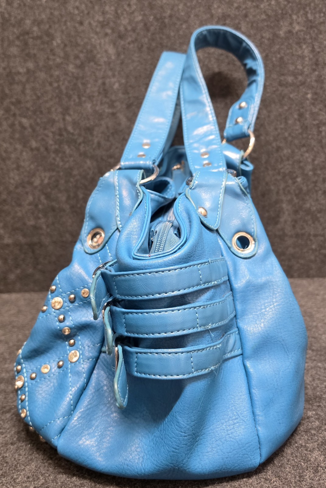 Betty Boop Blue Studded Rhinestone Logo Zip Shoulder Bag Detachable Strap