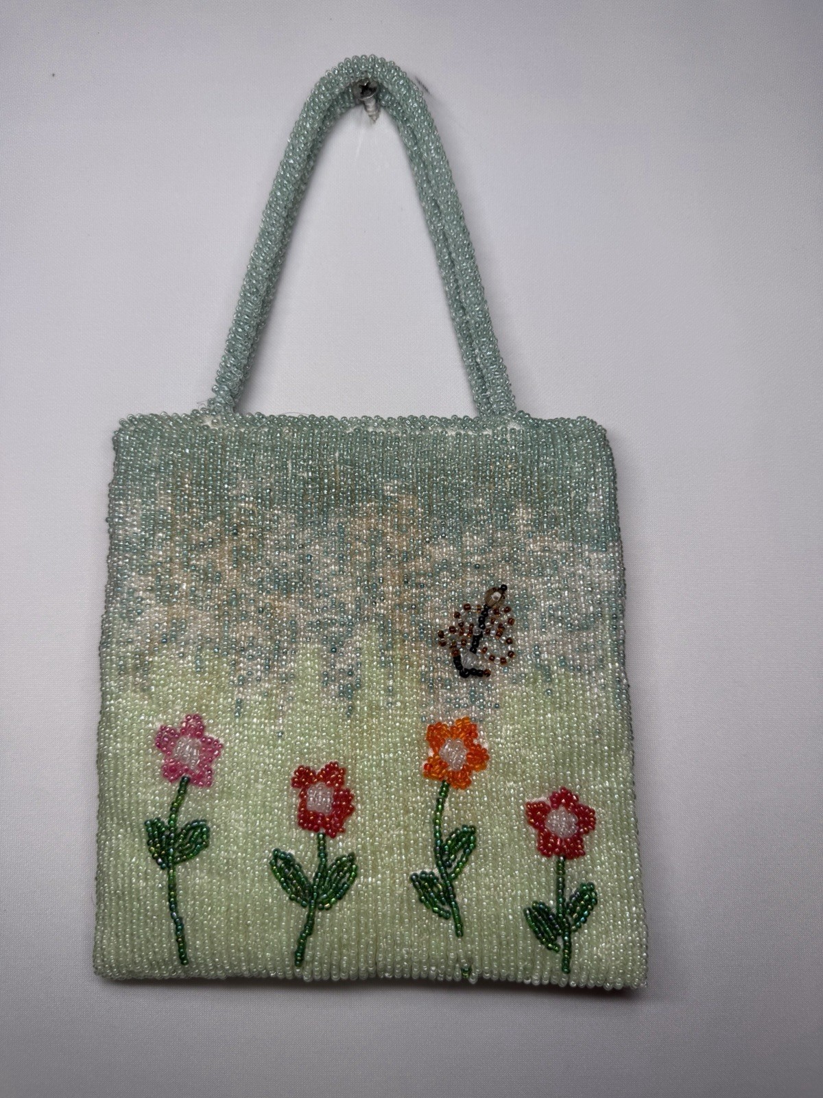 Vintage Handmade Seed Bead Floral Mini Tote Bag Cottagecore Y2K Purse