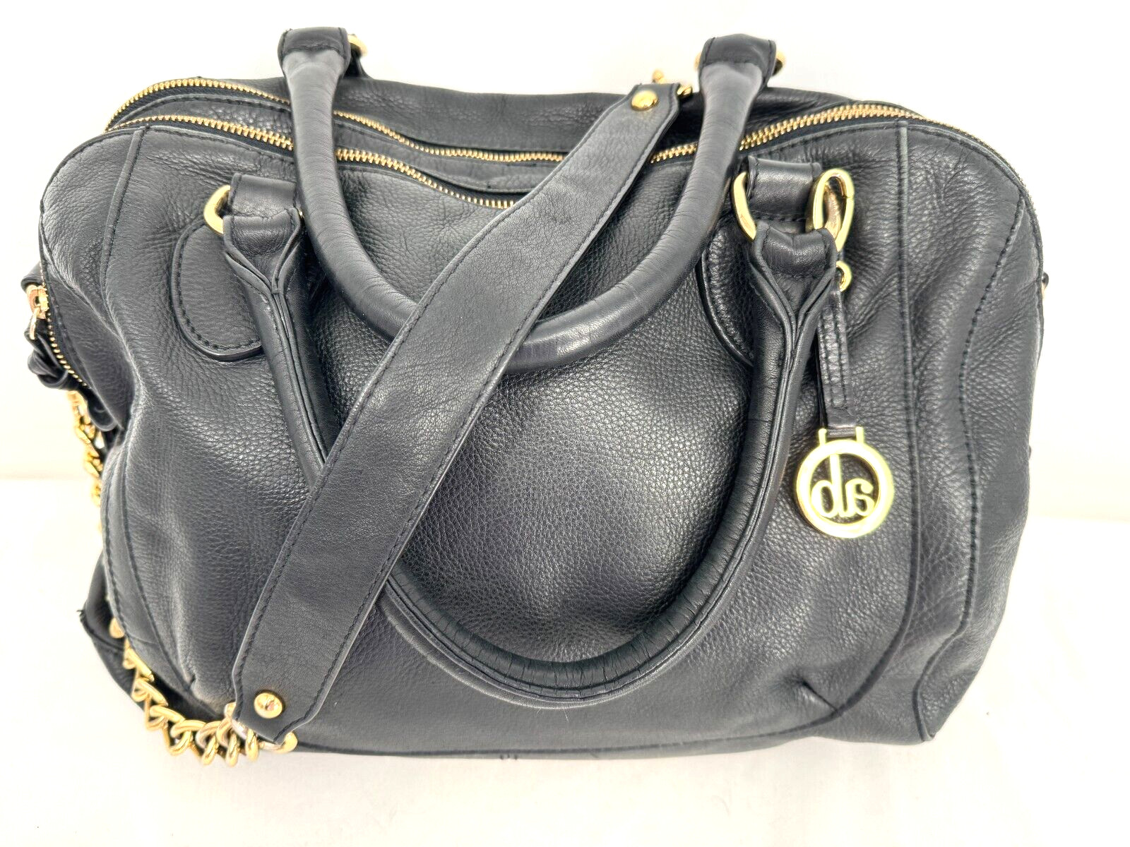 Audrey Brooke Black Luxurious Leather Bag Purse Handbag Gold Chain Strap Zips