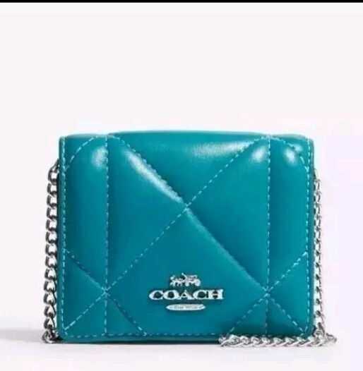 Coach Leather Mini Wallet On A Chain With Puffy Diamond Quilting Teal CJ528 NWT