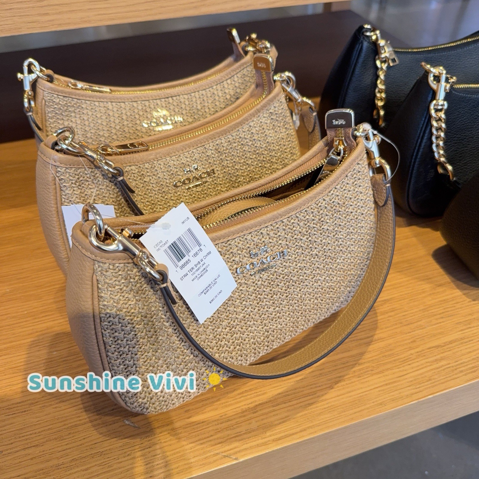 NWT COACH Teri Shoulder Bag With Charm CEC43 straw/Im/Toast Leather