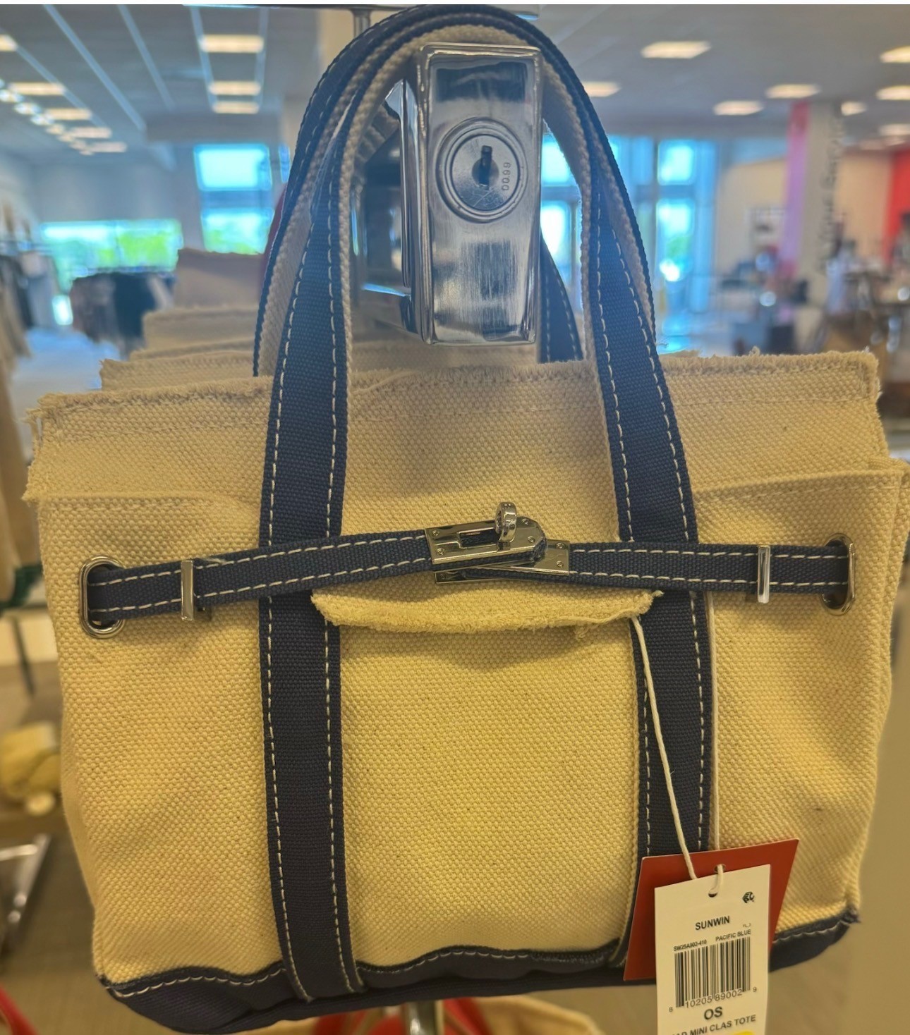 Sunwin Madaket Classic Tote Bag Canvas Natural with Blue Trims Silver