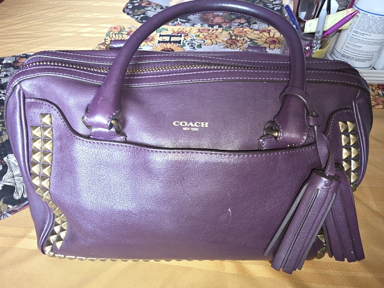 Coach Purple Studded Satchel Top Handle Zip Bag w Tassel Charm, Medium
