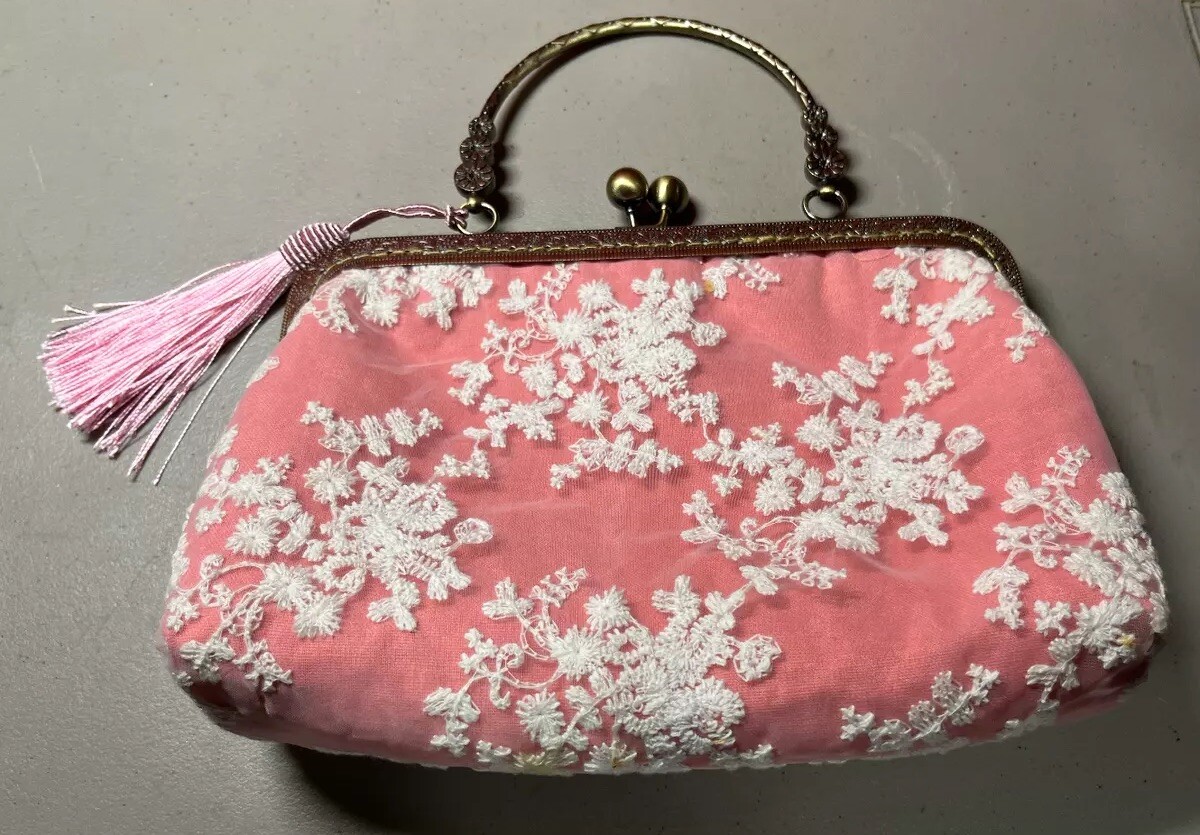 Chinese Silk Purse, Pink-Raised White Floral Embroidery, Blue Floral Lining