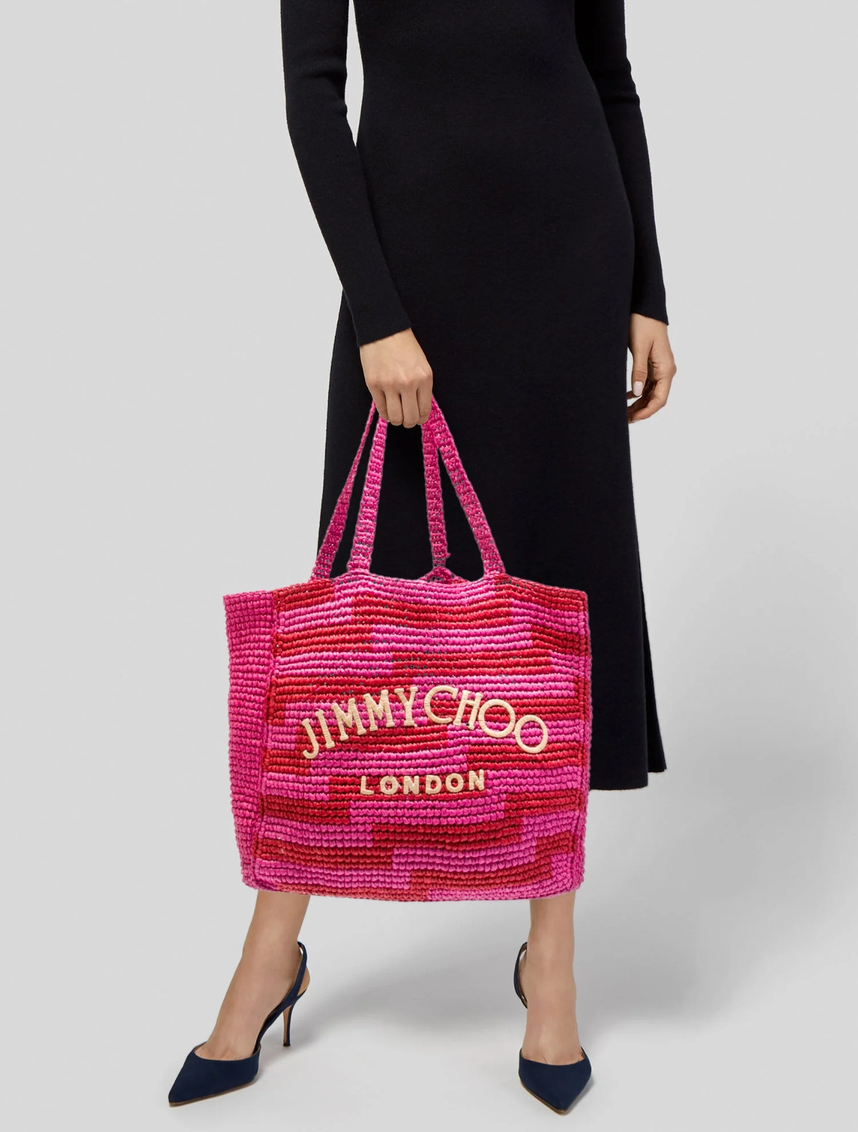 NEW Jimmy Choo Beach N/S Crochet Tote Bag Pink Red Raffia Logo Tote