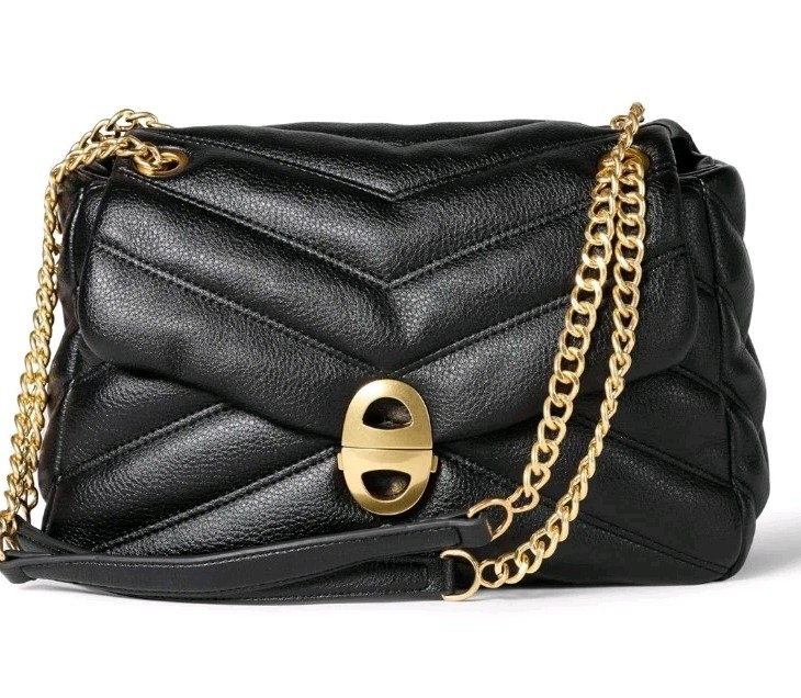 Black Soft Quilted Faux Leather Flap Bag Adjustable Shoulder Strap Gold Chain