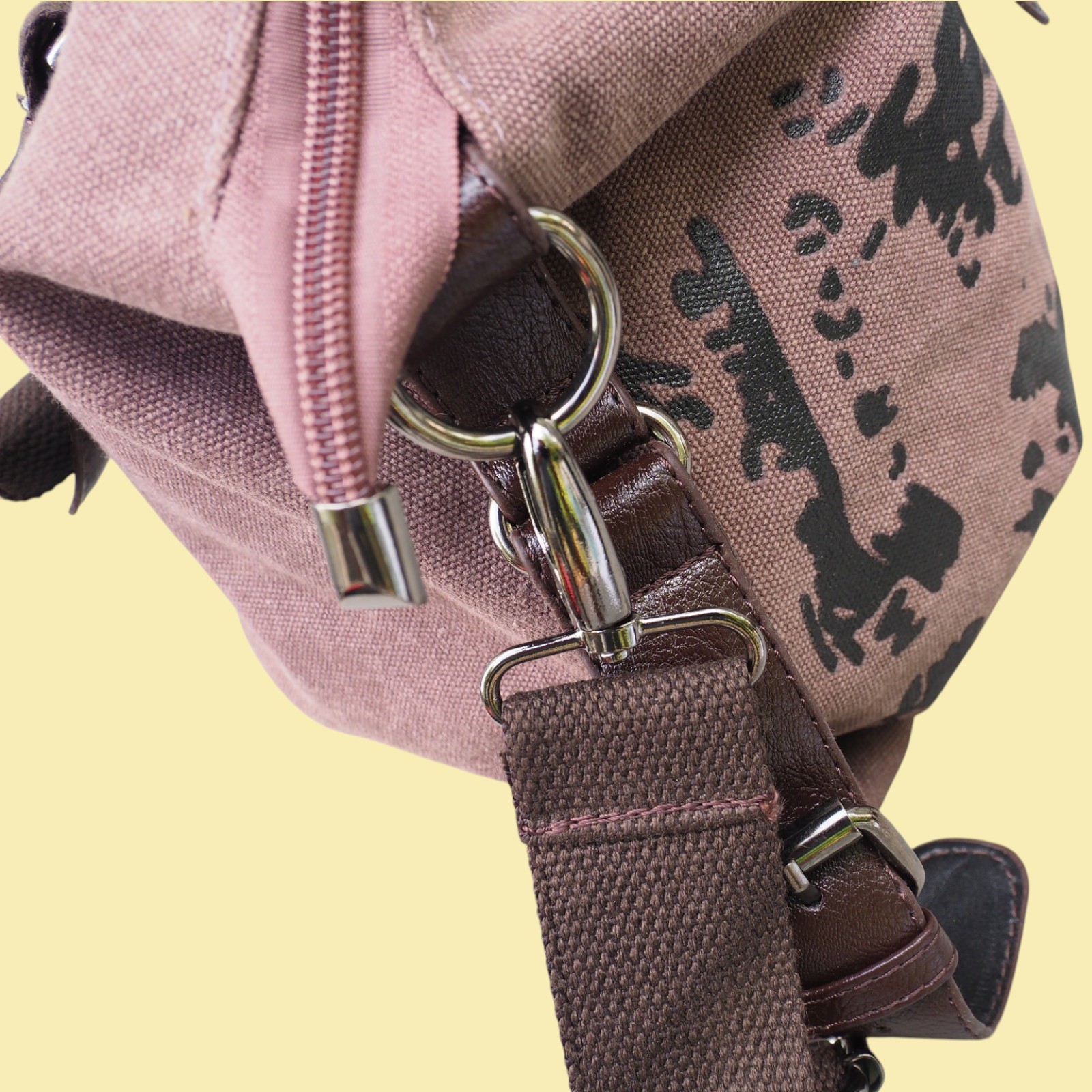 Jellyoo Mauve Heavy Duty Canvas Graphic Print Crossbody Bag Brown Trim Messenger