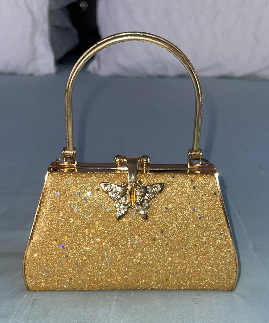 Gold Glitter Top Handle Evening Bag Clasp Closure Lined Inner Pockets