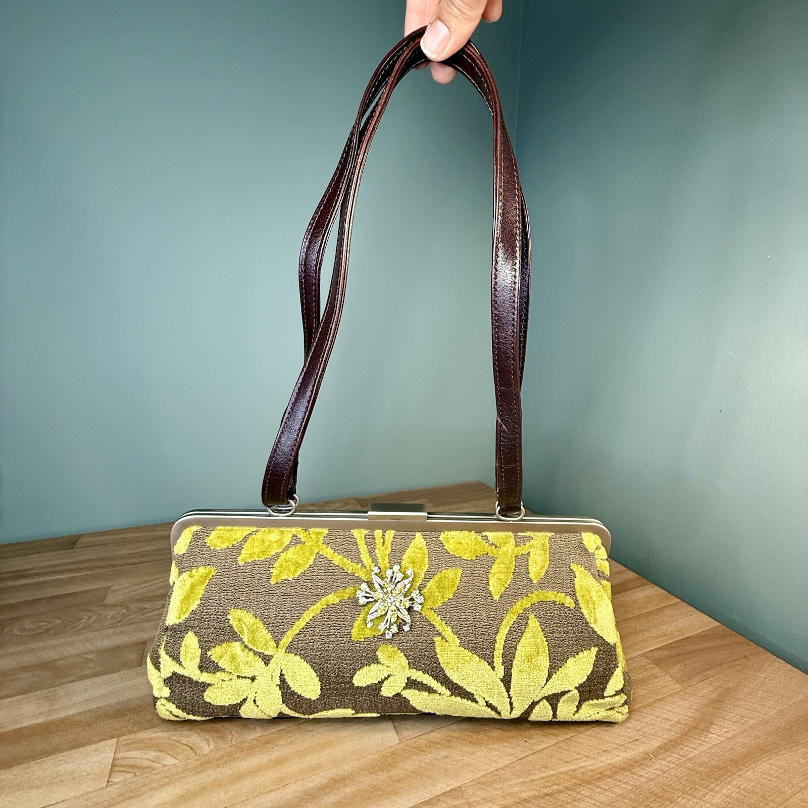 Glenda Gies Chenille Handbag Green Leaves Gray Clutch Brooch Leather Purse RETRO
