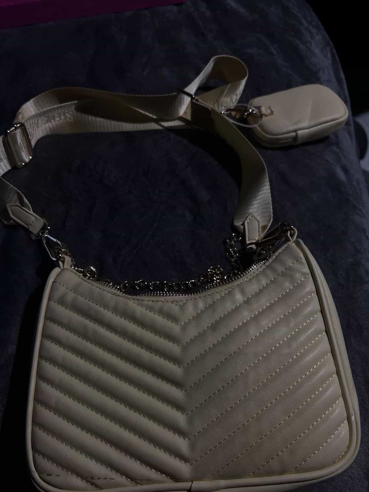 Steve Madden Beige Quilted Small Crossbody Bag w/ Pouch, Zip, Silver Hardware