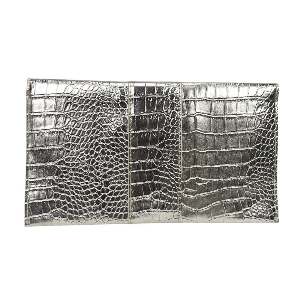 JJ Winters Oversized Metallic Silver Clutch 6.75” x 12.25” x 1” Platinum Croc