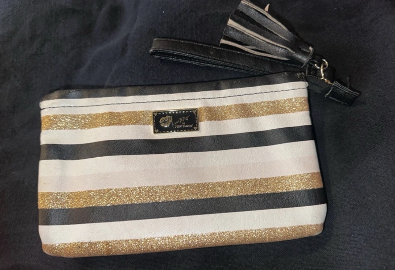 Betsey Johnson Black White Gold Glitter Zipper Wristlet Strap Bag