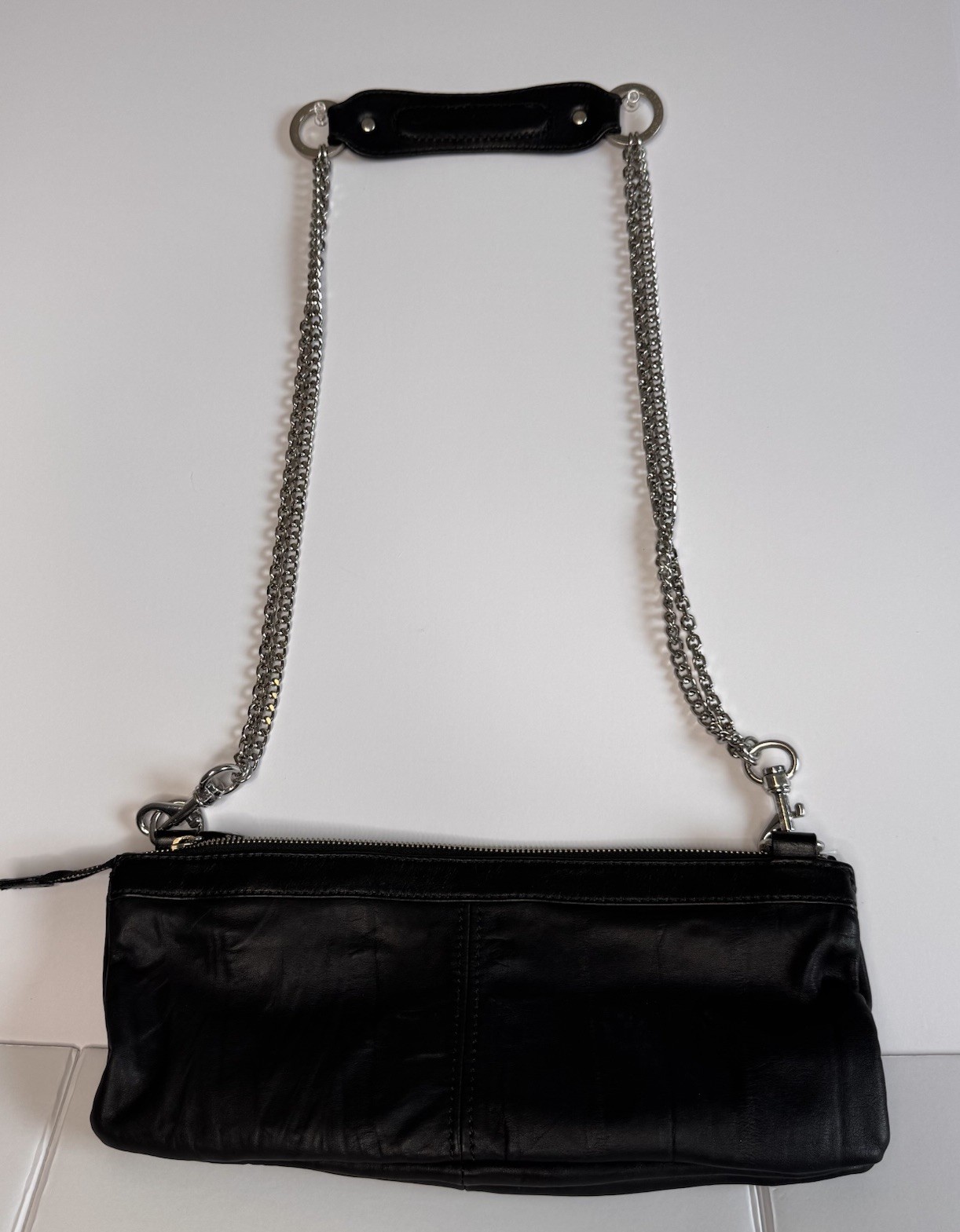 Marciano Black Genuine Leather Clutch Bag/Purse Double Chain Goth Biker Vixen