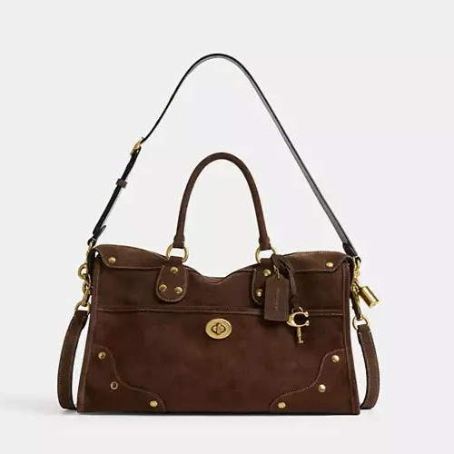 New Coach Rhyder Satchel Bag 38 Suede Brass Dark Chocolate CFN68