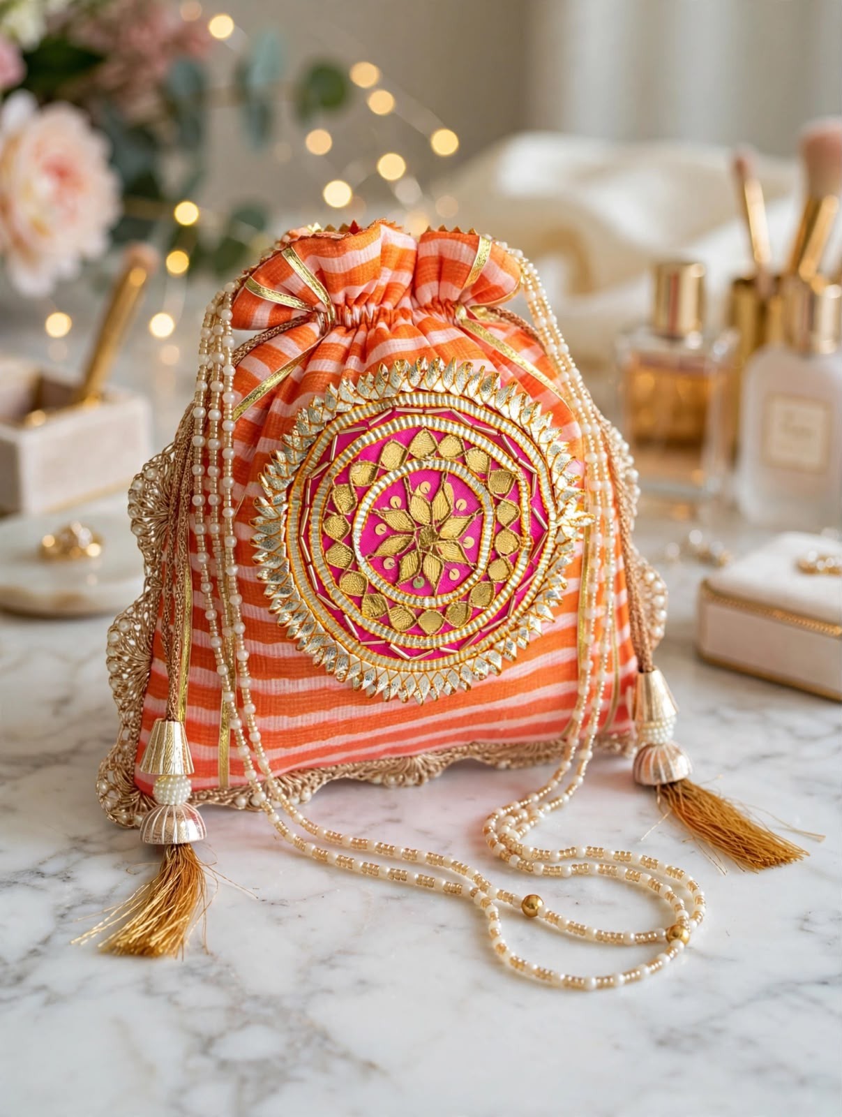 Indian Leheriya Gotta Lining with Pearl Handle Gifting Wedding Favor Potli Bag